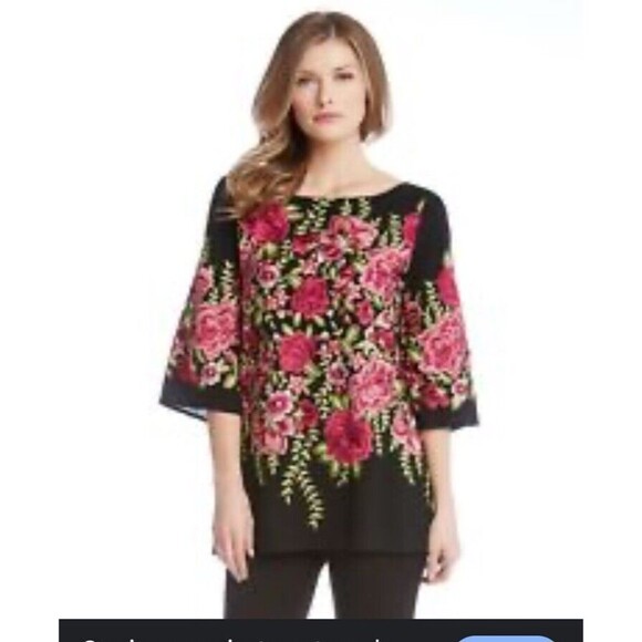 Karen Kane Embroidered Black Pink Floral 3/4 Sleeve Handkerchief Hem Top S - Picture 4 of 12